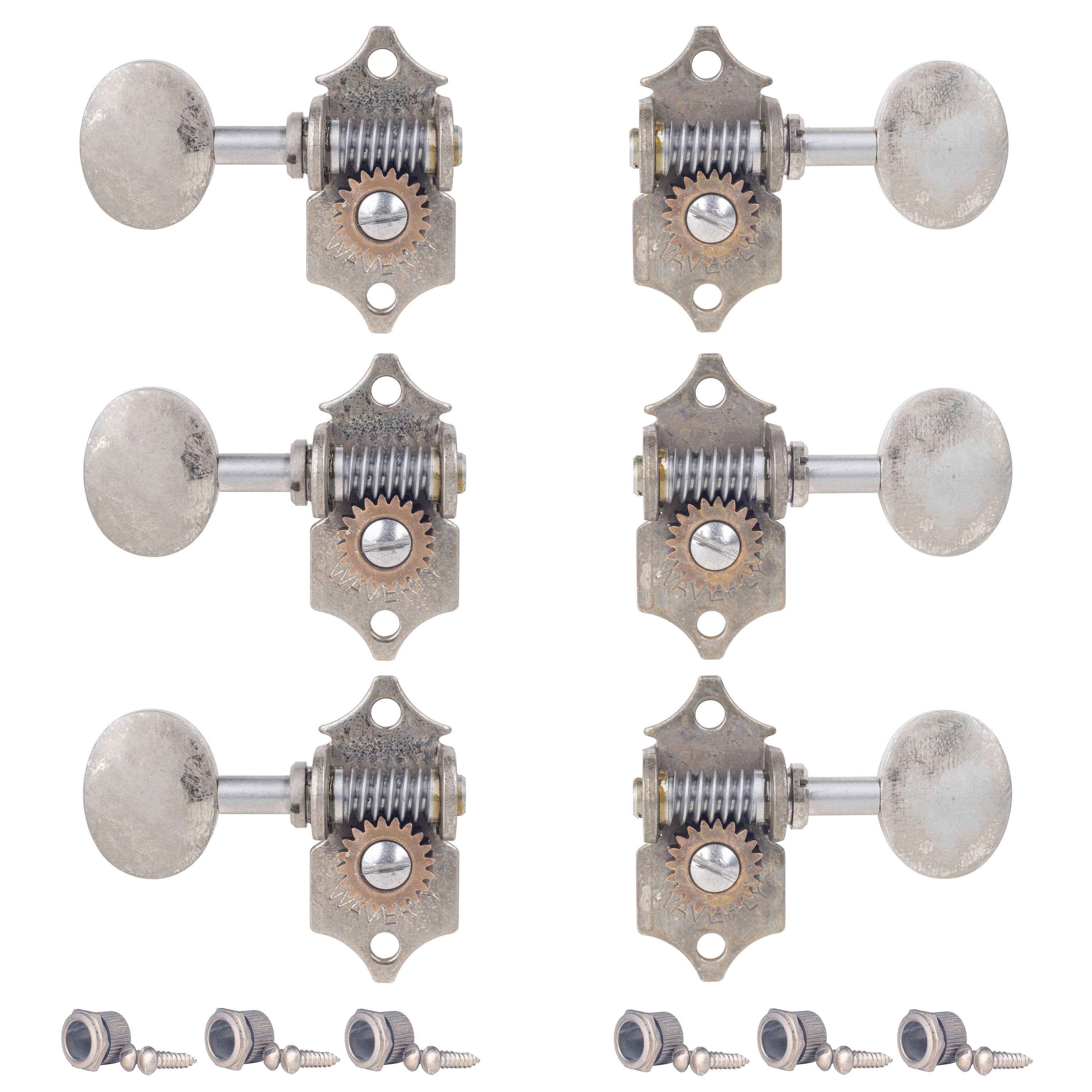 Waverly High Ratio Guitar Tuners with Vintage Oval Knobs for Solid Pegheads, Relic nickel, 3L/3R