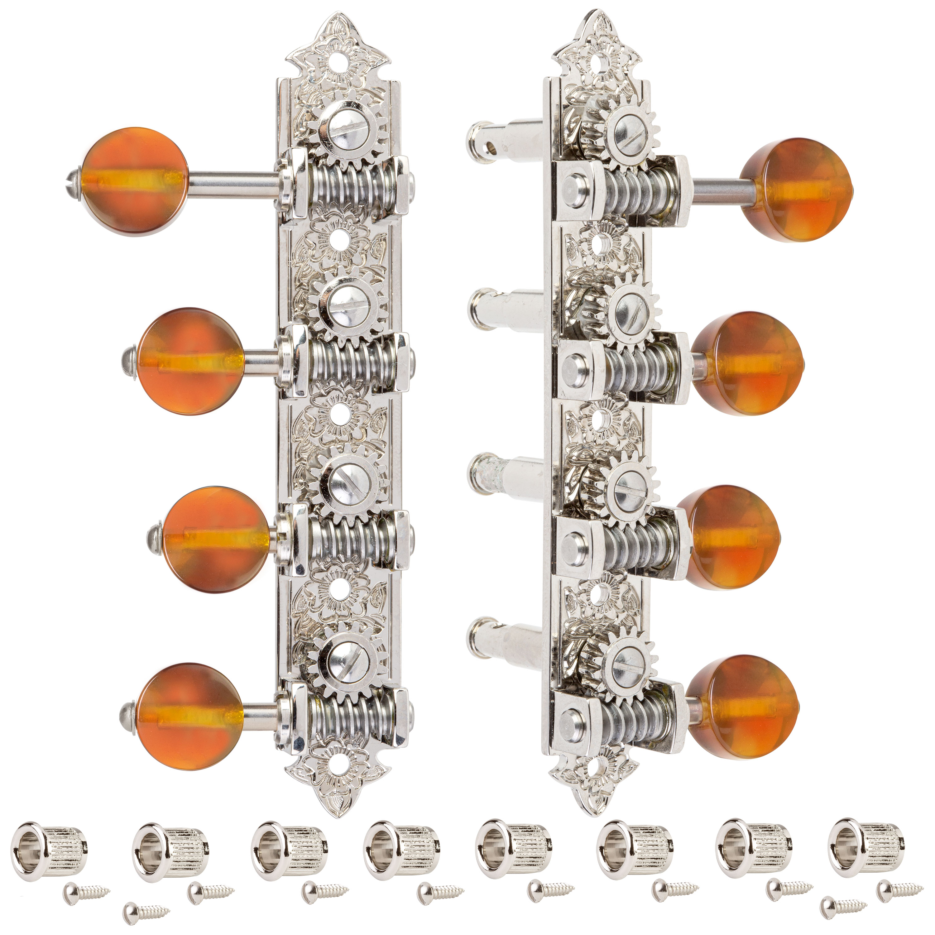 Machines Waverly Mandolin style F avec boutons ambrés et nickel vif