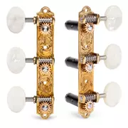 Tuners à guitare classiques Sloane avec boutons nacrés et embases à feuilles, laiton brillant, rouleaux noirs