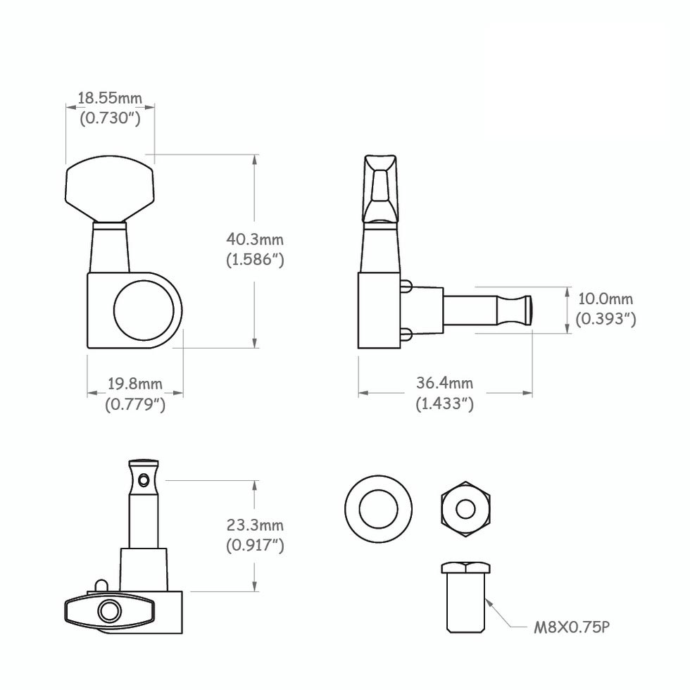 Tuners StewMac 6-In-Line avec petit bouton de type Schaller Tuners StewMac 6-In-Line avec petit bouton de type Schaller