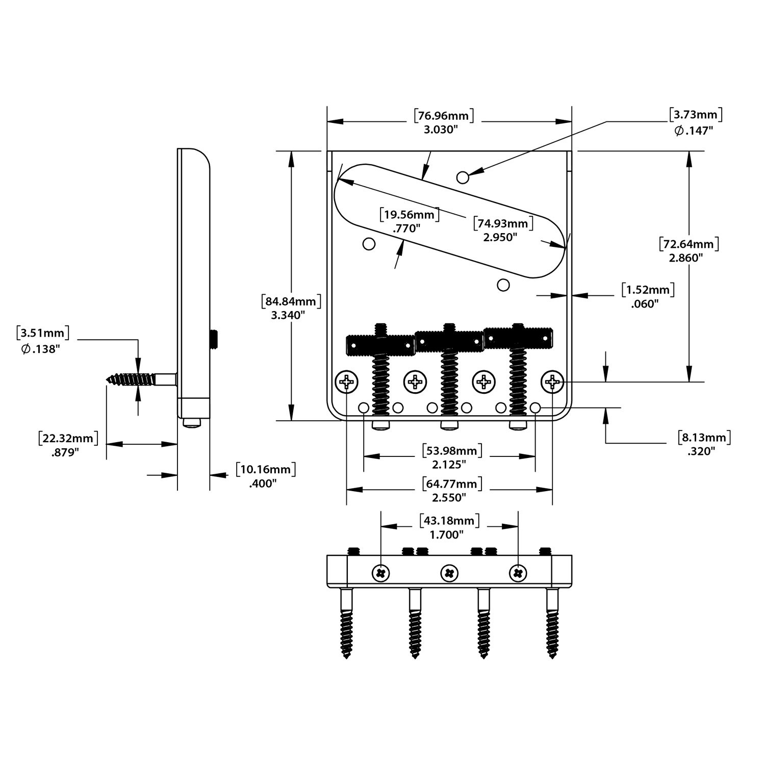 Chevalet classique à 3 pontets filetés StewMac pour Telecaster Chevalet classique à 3 pontets filetés StewMac pour Telecaster
