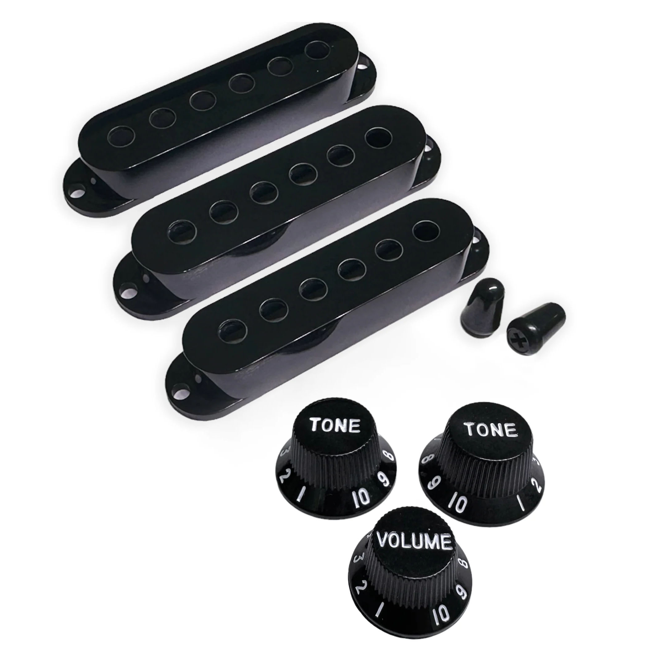  StewMac Knobs + Pickup Cover Set with Modern Spacing, Black with White Type